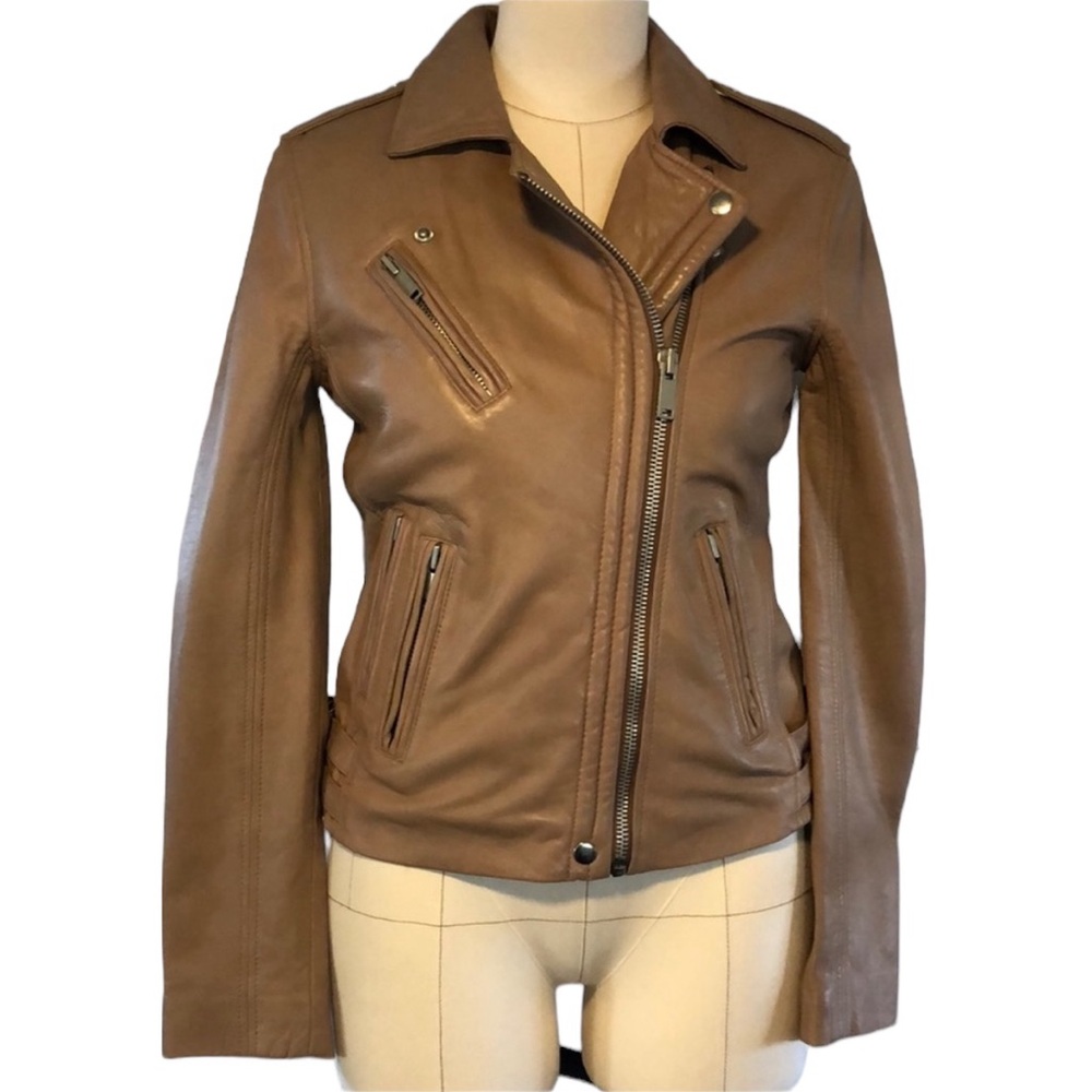 Amaryllis 100% lamb leather moto jacket tan small